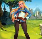  blonde_hair blue_eyes breasts breath_of_the_wild clothing cloud day detailed_background female fingerless_gloves fingers gloves grass hair hands_on_hips handwear hi_res humanoid humanoid_pointy_ears hylian long_hair looking_at_viewer loyproject mammal nintendo not_furry outside plant princess_zelda sky solo standing the_legend_of_zelda tree video_games 