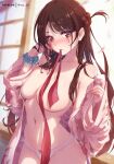  1girl bangs blurry blurry_background blush bow bow_panties braid breasts brown_hair cup floral_print holding holding_cup japanese_clothes kanojo_okarishimasu kimono large_breasts long_hair long_sleeves looking_at_viewer mitsu_(mitsu_art) mizuhara_chizuru mouth_hold navel necktie necktie_in_mouth one_side_up open_clothes open_kimono panties parted_lips pink_kimono red_eyes red_necktie scrunchie solo stomach underwear upper_body very_long_hair white_panties wrist_scrunchie 