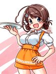  1girl ahoge alternate_costume anna_miller apron artist_logo braid breasts brown_hair chougei_(kancolle) commentary_request cowboy_shot dated grey_eyes hair_rings hand_on_hip kantai_collection kutone_shirika large_breasts long_hair looking_at_viewer name_tag orange_apron orange_skirt puffy_sleeves shirt short_sleeves skirt smile solo tray twin_braids waitress white_shirt 