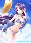  1girl absurdres ahoge armpits bikini blurry bokeh bow bow_bikini breasts collarbone depth_of_field food hair_intakes hand_in_own_hair hat highres jacket jacket_over_swimsuit konno_yuuki_(sao) leaning_forward long_hair looking_at_viewer mouth_hold navel popsicle purple_hair red_eyes shoes shoes_removed side-tie_bikini small_breasts solo standing standing_on_one_leg straw_hat striped striped_bikini swimsuit sword_art_online water yuuki_(sao) yuuzetu 