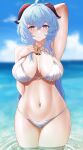  1girl absurdres arm_behind_head arm_up armpits bangs bell bikini blue_hair blue_sky blurry blurry_background blush breasts brown_eyes cleavage closed_mouth collarbone cowboy_shot day depth_of_field eyebrows_visible_through_hair frown ganyu_(genshin_impact) genm7 genshin_impact hand_on_own_chest highres horns huge_breasts long_hair looking_at_viewer navel neck_bell ocean outdoors sky solo stomach swimsuit thigh_gap water white_bikini 