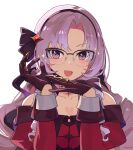  1girl :d bangs bare_shoulders blush brown_gloves chest_tattoo claw_ring dress glasses gloves hair_ornament hair_ribbon hairband hands_up highres hsin hyakumantenbara_salome juliet_sleeves light_purple_hair long_hair long_sleeves looking_at_viewer nijisanji off_shoulder puffy_sleeves purple_eyes purple_ribbon red_dress ribbon simple_background smile solo tattoo upper_body virtual_youtuber white_background 