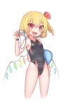  1girl black_swimsuit blonde_hair commentary_request competition_swimsuit cropped_legs fangs flandre_scarlet goggles goggles_removed harunoha highleg highleg_swimsuit kickboard one-piece_swimsuit one_side_up red_eyes short_hair slit_pupils smile solo standing swimsuit touhou wings 