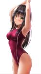  1girl arms_up black_hair breasts brown_eyes competition_swimsuit cowboy_shot hair_ornament highres long_hair looking_at_viewer medium_breasts navel one-piece_swimsuit original red_swimsuit school_swimsuit simple_background solo standing swimsuit white_background x_hair_ornament yukemuriganmo 