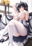  1girl arm_up azur_lane bangs black_footwear black_hair blush breasts chinese_commentary commentary_request crossed_legs feet_out_of_frame frilled_pillow frills green_eyes hair_between_eyes hand_in_own_hair hand_up high_heels highres indomitable_(azur_lane) indomitable_(ms._motivationless_maid)_(azur_lane) k.t.cube large_breasts long_hair looking_at_viewer maid manjuu_(azur_lane) nipples official_alternate_costume open_mouth panties pillow revision shoe_dangle solo thighhighs tongue tongue_out underwear very_long_hair white_legwear white_panties 