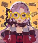 1girl :d bangs bare_shoulders blush brown_gloves chest_tattoo claw_ring dress glasses gloves hair_ornament hair_ribbon hairband hands_up highres hsin hyakumantenbara_salome juliet_sleeves light_purple_hair long_hair long_sleeves looking_at_viewer milestone_celebration nijisanji off_shoulder puffy_sleeves purple_eyes purple_ribbon red_dress ribbon smile solo tattoo upper_body virtual_youtuber yellow_background 