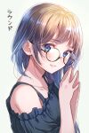 1girl bangs blue_eyes blush closed_mouth glasses light_smile long_hair looking_at_viewer nishizawa off_shoulder original round_eyewear shirt simple_background solo steepled_fingers upper_body 
