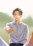  1boy blonde_hair blue_eyes collared_shirt commentary highres male_focus midsommar parted_lips qksas3 reaching_out shirt short_hair solo spy_x_family standing twilight_(spy_x_family) twitter_username white_shirt 