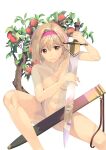  1girl blonde_hair breasts brown_eyes closed_mouth collarbone completely_nude djeeta_(granblue_fantasy) full_body granblue_fantasy hairband highres holding holding_sword holding_weapon looking_at_viewer medium_breasts medium_hair naruse_hirofumi non-web_source nude red_hairband scabbard sheath shiny shiny_hair sitting solo sword weapon white_background 