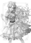  1girl belt bow dress earrings expressionless feet_out_of_frame floating_hair gloves greyscale hair_bow highres jewelry legs_apart long_hair looking_at_viewer monochrome original short_sleeves signature simple_background solo very_long_hair vlfdus_0 