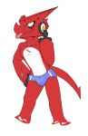  anthro bandai_namco blep bulge claws clothing digimon digimon_(species) gesture heibanhikaru hi_res male middle_finger red_body scar shoutmon simple_background solo speedo swimwear tongue tongue_out white_background 