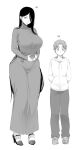  1boy 1girl absurdres bangs breasts curvy duplicate full_body greyscale hair_behind_ear hair_over_one_eye hands_in_pockets hatching_(texture) height_difference high_heels highres hood hoodie large_breasts long_hair long_skirt looking_at_viewer looking_to_the_side mature_female monochrome nakamura_regura original pants pixel-perfect_duplicate shoes short_hair skirt sneakers standing tall_female very_long_hair 