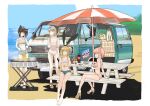  4girls absurdres alternate_costume atlanta_(kancolle) beach beach_umbrella bikini bikini_top_only black_hairband black_ribbon blonde_hair blue_sky bottle breasts brown_hair casual_one-piece_swimsuit cloud commentary_request day denim denim_shorts grey_eyes grill ground_vehicle hair_flaps hair_ornament hair_ribbon hairband hairclip hatsuzuki_(kancolle) highres kanno_wagon kantai_collection large_breasts long_hair mismatched_bikini motor_vehicle multiple_girls one-piece_swimsuit outdoors pink_bikini red_eyes ribbon shimakaze_(kancolle) short_hair short_shorts shorts sky swimsuit table toeless_footwear two_side_up umbrella van vehicle_request white_bikini white_swimsuit yakisoba yellow_eyes yuudachi_(kancolle) yuudachi_kai_ni_(kancolle) 