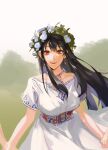  1girl alternate_costume alternate_hairstyle black_hair breasts commentary dress earrings floating_hair flower head_wreath highres holding_hands jewelry long_hair looking_at_viewer midsommar open_mouth qksas3 red_eyes short_sleeves smile solo spy_x_family white_dress yor_briar 