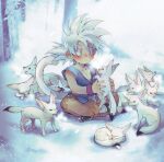  1boy 6+others animal dragon_ball dragon_ball_gt eyebrows_visible_through_hair fox hano_(hanos91) holding holding_animal looking_at_another male_child male_focus multiple_others muscular_child on_floor outdoors snow snowflakes snowing solo son_goku spiked_hair symbol-only_commentary white_hair white_tail winter 