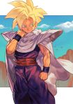  armor belt blonde_hair blue_sky cape cloud dougi dragon_ball dragon_ball_z forehead green_eyes hungry_clicker karate_gi looking_to_the_side mountain muscular muscular_male shoulder_armor sky smirk son_gohan spiked_hair super_saiyan wristband younger 