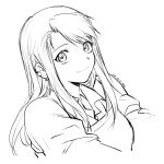  1girl 2022 asymmetrical_bangs bangs closed_mouth collared_shirt cropped_torso dated eyebrows_visible_through_hair floating_hair fullmetal_alchemist greyscale hair_between_eyes highres long_hair mini_(pixiv6327751) monochrome shirt simple_background sketch smile solo straight_hair upper_body white_background wing_collar winry_rockbell 