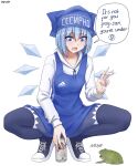  1girl adidas animal beer_can blue_eyes blue_hair can cigarette cirno cyrillic frog hat highres ice ice_wings leggings long_sleeves nail_polish pan-ooh shoes speech_bubble touhou wings 