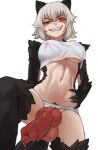  1girl animal_ears animal_penis artist_name badger_ears badger_tail body_fur breasts claws clothing_aside commentary covered_nipples english_commentary evil_grin evil_smile female_pubic_hair futanari grey_hair grin hand_on_hip highres killing_bites knotted_penis large_breasts looking_at_viewer navel panties panties_aside penis precum pubic_hair red_eyes seraziel short_hair simple_background smile solo sweat tail testicles uncensored underwear uzaki_hitomi veins veiny_penis white_background white_panties 