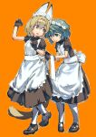  2girls absurdres alternate_costume animal_ears apron arairestaurant back_bow black_dress black_gloves black_hair blonde_hair blue_eyes bow brown_footwear cat_ears cat_girl cat_tail collared_dress commentary dress enmaided extra_ears gloves highres kaban_(kemono_friends) kemono_friends looking_at_another maid maid_apron maid_headdress mary_janes matching_outfit multiple_girls pantyhose puffy_short_sleeves puffy_sleeves serval_(kemono_friends) shoes short_hair short_sleeves standing standing_on_one_leg tail white_apron white_legwear yellow_eyes 