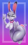  3_toes 5_fingers absurd_res ambiguous_penetration anthro big_breasts bow_tie breasts buckteeth clothed clothing curvy_figure disney feet female fingers fur gesture grey_body grey_fur hi_res judy_hopps lagomorph leporid long_ears looking_at_viewer mammal one_eye_closed pasties penetration purple_eyes rabbit signature skimpy solo teeth thick_thighs toes torou v_sign voluptuous wide_hips zootopia 