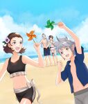  2boys 2girls absurdres alternate_costume beach corrin_(fire_emblem) corrin_(fire_emblem)_(female) family fire_emblem fire_emblem_fates flower hair_flower hair_ornament hairband hanayousorozura highres kana_(fire_emblem) kana_(fire_emblem)_(male) medium_hair multiple_boys multiple_girls open_mouth outdoors pinwheel silas_(fire_emblem) sophie_(fire_emblem) swimsuit 