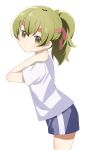  1girl blush brown_eyes child deaimon hand_up headband highres leaning_forward light_brown_hair looking_at_viewer ponytail red_headband shirt short_sleeves shorts standing tengusa_(gelidiaceae) white_shirt yukihira_itsuka 