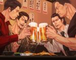  4boys alcohol aomi_nekosuki beer beer_mug brown_eyes celebration cheering closed_eyes cup doujima_daigo eyepatch facial_hair food friends goatee hair_slicked_back happy irezumi jacket kiryuu_kazuma majima_gorou male_focus manly mature_male mug multiple_boys one-eyed open_clothes open_jacket price price_tag red_shirt ryuu_ga_gotoku ryuu_ga_gotoku_7 saejima_taiga shaved_head shirt short_hair sitting smile soul_patch symbol-only_commentary table tattoo yakuza 