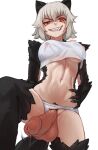  1girl animal_ears artist_name badger_ears badger_tail body_fur breasts claws clothing_aside commentary covered_nipples english_commentary evil_grin evil_smile female_pubic_hair futanari grey_hair grin hand_on_hip highres killing_bites large_breasts looking_at_viewer navel panties panties_aside penis precum pubic_hair red_eyes seraziel short_hair simple_background smile solo sweat tail testicles uncensored underwear uzaki_hitomi veins veiny_penis white_background white_panties 