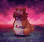  alpha_pok&eacute;mon ambiguous_gender belly bidoof blood bodily_fluids brown_body brown_fur buckteeth feral fur grass knife nintendo outside plant pok&eacute;mon pok&eacute;mon_(species) red_eyes solo susante teeth video_games white_belly 