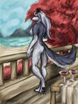  absurd_res anthro beach canid canid_demon canine canis demon digitigrade female fluffy fluffy_tail full-length_portrait fur grey_body grey_fur grey_hair hair hellhound helluva_boss hi_res loona_(helluva_boss) mammal nude painting_(artwork) paws portrait red_eyes seaside solo traditional_media_(artwork) vivzmind wolf yiffcorp 