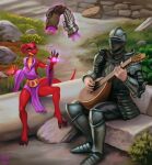  2021 4_toes anthro armor barefoot claws clothing day detailed_background digital_media_(artwork) duo ethrk feet female gauntlets gloves handwear headgear helmet hi_res horn human knight kobold larger_male lute magic magic_user male mammal mandolin musical_instrument open_mouth outside plate_armor playing_music plucked_string_instrument red_body scalie signature sitting size_difference smaller_female smile string_instrument toe_claws toes warrior 
