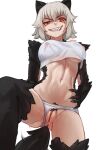  1girl animal_ears artist_name badger_ears badger_tail body_fur breasts claws clothing_aside commentary covered_nipples english_commentary evil_grin evil_smile female_pubic_hair grey_hair grin hand_on_hip highres killing_bites large_breasts looking_at_viewer navel panties panties_aside pubic_hair pussy red_eyes seraziel short_hair simple_background smile solo sweat tail uncensored underwear uzaki_hitomi white_background white_panties 