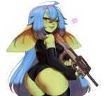  1girl absurdres ahoge ass blue_hair breasts bullpup colored_skin commission cowboy_shot elbow_gloves female_goblin finger_on_trigger fingerless_gloves gloves goblin green_skin gun hair_between_eyes heart highres holding holding_gun holding_weapon leotard long_hair looking_at_viewer maewix_(artist) medium_breasts one_eye_closed original p90 parted_lips purple_eyes simple_background sleeveless solo submachine_gun teeth thighhighs very_long_hair weapon white_background 