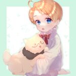  &gt;_&lt; 1boy :d :o ahoge america_(hetalia) animalization axis_powers_hetalia blonde_hair blue_eyes border cat child dual_persona frilled_shirt_collar frills hatake_hukuro looking_at_viewer male_child shiny shiny_hair smile sparkling_eyes xd 