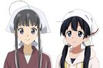  2girls ahoge bangs black_hair blue_eyes cp9a deaimon kitashirakawa_tamako long_hair looking_at_viewer mitsuru_horikawa multiple_girls purple_eyes sidelocks simple_background smile tamako_market trait_connection upper_body white_background white_headwear 