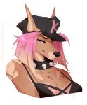  2022 black_nose canid canine canis clothing collar digital_media_(artwork) domestic_dog eyebrows eyelashes hair hat headgear headwear hi_res looking_at_viewer mammal pink_eyes pink_hair simple_background smile vexstacy white_background 
