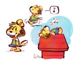  animal_crossing canid canine canis clothed clothing doghouse domestic_dog female isabelle_(animal_crossing) mammal musical_note nintendo panken peanuts_(comic) sleeping smile snoopy solo sound_effects standing style_parody video_games walking zzz 