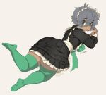  apron ass ass_focus black_dress dress from_behind green_eyes green_legwear grey_hair lying maid_apron maid_headdress on_stomach original sandcasks skindentation thick_thighs thighhighs thighs 