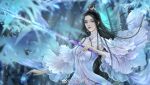  1girl black_hair blurry blurry_background dress earrings facial_mark fern forehead_mark hair_bun hair_ornament highres jewelry long_hair lu_xueqi_(zhu_xian) lu_xueqi_tongren_ye outstretched_arms solo spread_arms sword upper_body weapon white_dress zhu_xian 