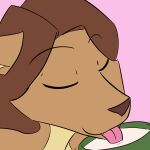  1:1 2022 animated anthro brown_ears brown_hair canid canine drinking eyebrows eyes_closed hair kanashiipanda low_res mammal olivia_hart pink_tongue simple_background solo teeth tongue tongue_out 