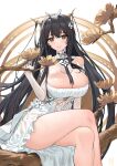  1girl absurdres antlers azur_lane bare_shoulders branch breasts cleavage closed_mouth crossed_legs detached_collar dress flower gloves green_eyes hair_flower hair_ornament highres huge_breasts indomitable_(azur_lane) long_hair looking_at_viewer revealing_clothes sitting smile solo touristdw very_long_hair white_dress white_gloves 