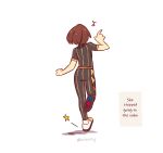  1girl artastiq brown_hair champion_uniform from_behind full_body gloria_(pokemon) highres index_finger_raised musical_note pokemon pokemon_(game) pokemon_swsh shirt star_(symbol) striped striped_shirt twitter_username walking white_background white_footwear 