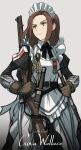  1girl apron armor asterisk_kome background_text boots bow brown_hair commentary_request english_text gloves greaves green_eyes gun highres holster holstered_weapon maid maid_apron maid_headdress medal original rifle rifle_on_back scabbard sheath short_hair solo sword weapon 
