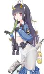  1girl absurdres ahoge binoculars black_gloves black_hair blue_archive blue_shirt blue_skirt bolt_action clothes_lift dirty dirty_clothes flashlight gloves gun hairband halo highres holding holding_gun holding_weapon leaf leaf_on_head lifted_by_self long_hair long_sleeves looking_at_viewer miyu_(blue_archive) panties panties_under_pantyhose pantyhose pleated_skirt red_eyes rifle shirt shoe_print skate1014 skirt skirt_lift solo underwear weapon white_hairband white_legwear white_panties 