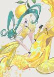  1girl aqua_eyes aqua_hair boots dress english_commentary food fruit full_body hatsune_miku highres lemon long_hair looking_at_viewer lunar_(lunar_815) open_mouth sleeveless smile solo twintails very_long_hair vocaloid wristband yellow_dress yellow_footwear 