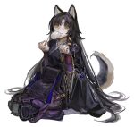  1girl absurdres animal_ears arknights baozi black_hair chain dog_ears dog_girl dog_tail facial_mark food food_in_mouth forehead_mark highres jewelry knee_pads liangban_xiexu long_hair looking_at_viewer mouth_hold pants paw_pose purple_pants purple_shirt saga_(arknights) seiza shirt simple_background sitting smile solo tail very_long_hair white_background yellow_eyes 