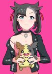  1girl absurdres bare_shoulders black_hair black_jacket black_nails blue_eyes breasts choker cleavage collarbone drawing_on_own_face dress earrings hair_ornament hair_ribbon heart highres jacket jewelry looking_at_viewer makeup marnie_(pokemon) morpeko nail_polish pink_background pink_dress pokemon pokemon_(creature) pokemon_(game) pokemon_swsh ribbon short_hair simple_background small_breasts solo tor_(torkrub111) 