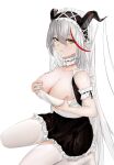  1girl aegir_(azur_lane) aegir_(iron_blood&#039;s_dragon_maid)_(azur_lane) arm_garter azur_lane black_dress breast_lift breasts cleavage demon_horns dress eyebrows_visible_through_hair feixiangdeguoli frilled_hairband frills from_side hair_on_horn hairband highres horns large_breasts long_hair maid maid_headdress multicolored_hair official_alternate_costume red_hair simple_background solo streaked_hair thighhighs two-tone_dress very_long_hair white_background white_dress white_hair white_legwear yellow_eyes 