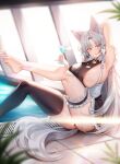  1girl absurdres animal_ear_fluff animal_ears areola_slip arm_behind_head arm_up armpits bangs barefoot black_legwear blurry blurry_foreground blush breasts bridal_garter drink eyebrows_visible_through_hair feet fox_ears fox_girl fox_tail frilled_skirt frills from_side grey_hair heart highres holding holding_drink large_breasts leaning_back leg_up light_censor long_hair looking_at_viewer maid mole mole_on_thigh mole_under_eye on_floor original parted_bangs parted_lips picter sideboob sidelocks single_thighhigh sitting skirt solo sunlight tail thighhighs thighs thong toes wet white_tail yellow_eyes 